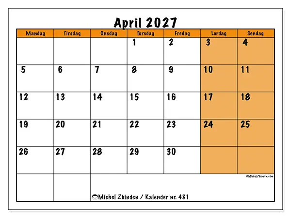 April 2027 kalendere til utskrift - Dynamisk planlegging