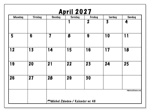 April 2027 kalendere til utskrift - Daglig planlegging
