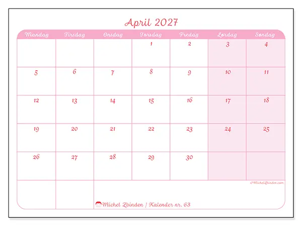 April 2027 kalendere til utskrift - Myk organisering