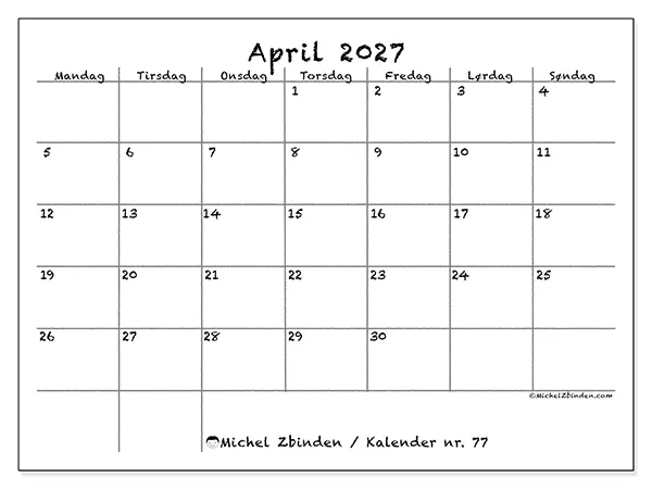 April 2027 kalendere til utskrift - Skole og familie