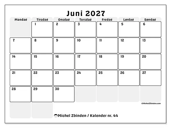 Juni 2027 kalendere til utskrift - Strukturert planlegging