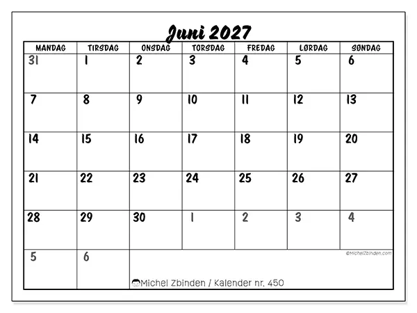 Juni 2027 kalendere til utskrift - Detaljert organisering