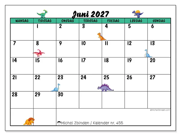 Juni 2027 kalendere til utskrift - Små dinosaurer