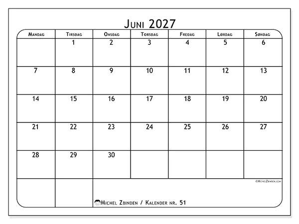 Juni 2027 kalendere til utskrift - Måltidsplanlegger