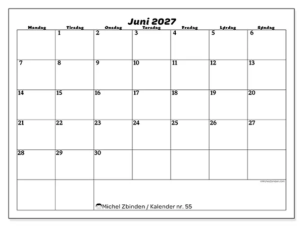 Juni 2027 kalendere til utskrift - Organisering av fritid