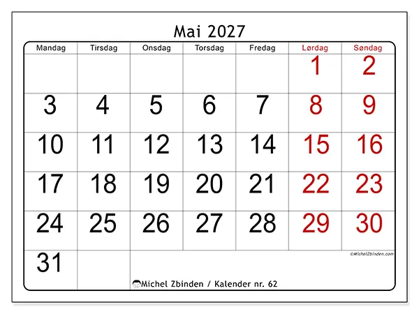 Mai 2027 kalendere til utskrift - Rask oversikt