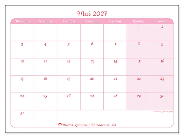 Mai 2027 kalendere til utskrift - Myk organisering