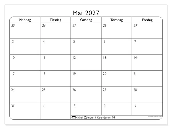 Mai 2027 kalendere til utskrift - Arbeidsorganisering