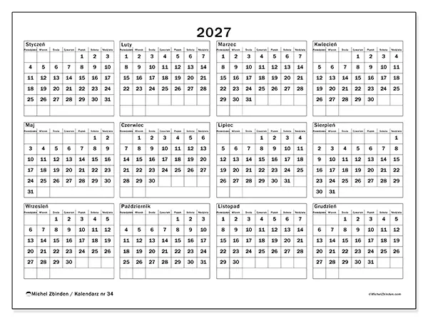 Kalendarz roczny 2027 do druku - Wakacje i czas wolny
