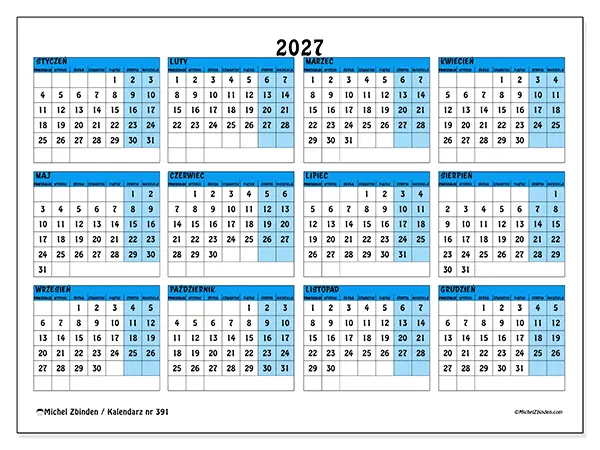Kalendarz roczny 2027 do druku - Niebieskie odcienie