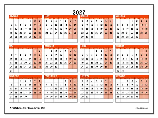 Kalendarz roczny 2027 do druku - Kolorowe planowanie