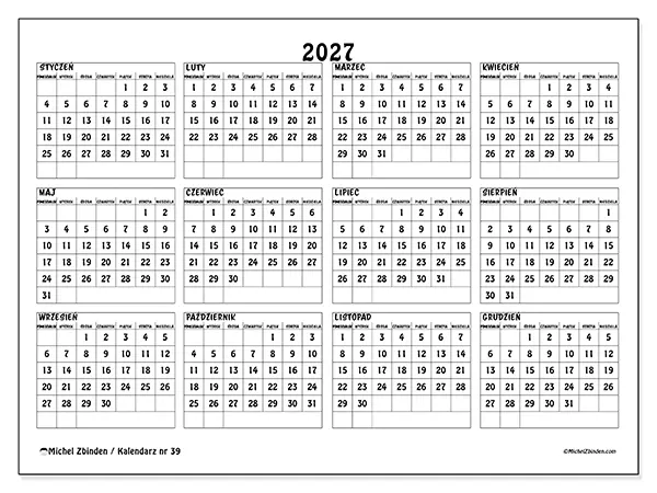 Kalendarz roczny 2027 do druku - Szkoła i nauka
