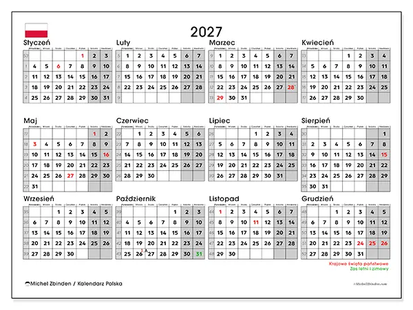 Kalendarz roczny 2027 do druku - Polska