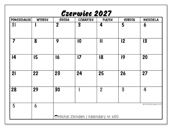 Kalendarz do druku na czerwiec 2027 - Szczegółowy model