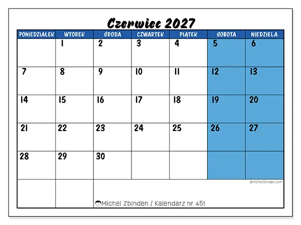 Kalendarz do druku na czerwiec 2027 - Niebieski widok