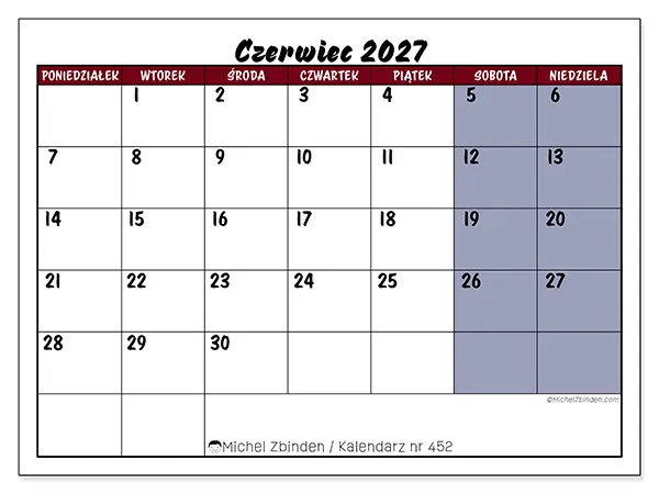 Kalendarz do druku na czerwiec 2027 - Zadania w kolorze
