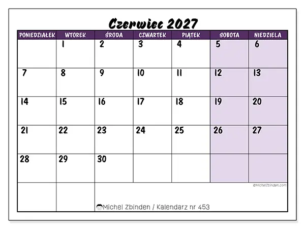 Kalendarz do druku na czerwiec 2027 - Kolorowe zadania