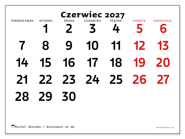 Kalendarz do druku na czerwiec 2027 - Jasna wizja