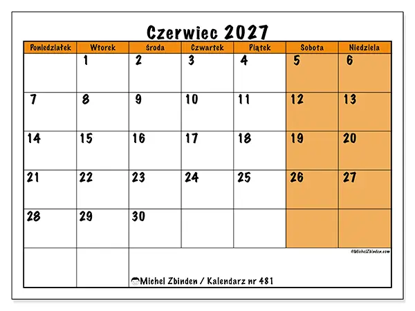 Kalendarz do druku na czerwiec 2027 - Dynamiczne planowanie