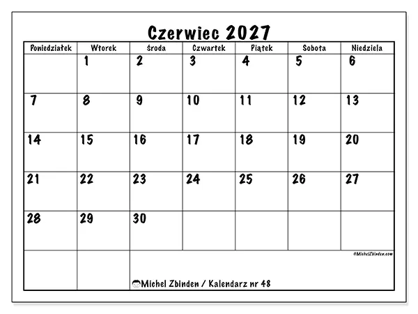 Kalendarz do druku na czerwiec 2027 - Codzienne plany