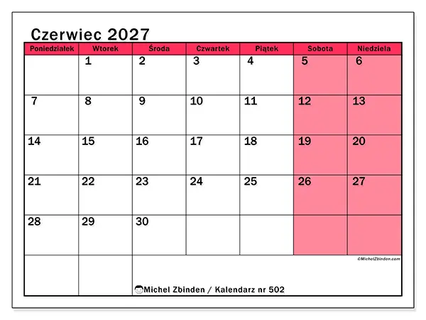 Kalendarz do druku na czerwiec 2027 - Jasne zarządzanie
