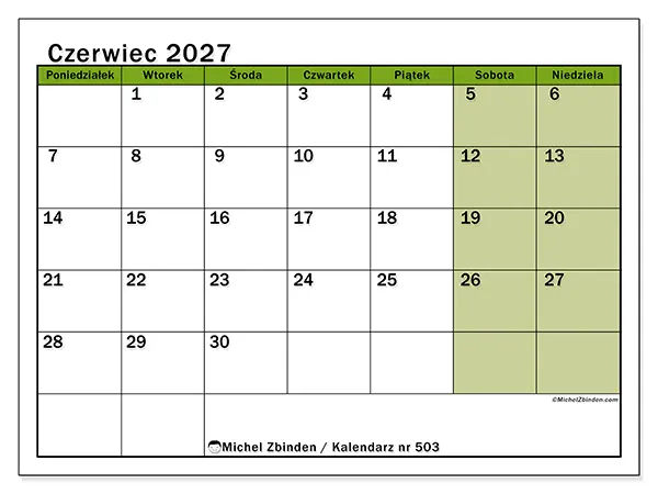 Kalendarz do druku na czerwiec 2027 - Naturalne kolory