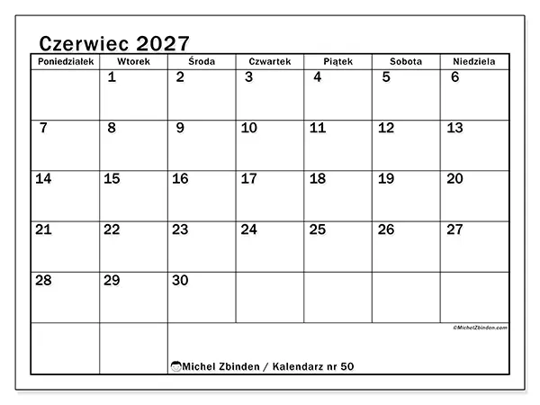Kalendarz do druku na czerwiec 2027 - Przejrzysty miesiąc