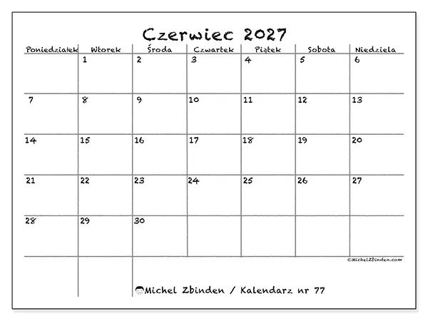 Kalendarz do druku na czerwiec 2027 - Szkoła i rodzina