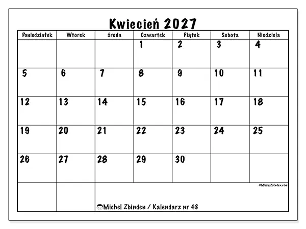 Kalendarz do druku na kwiecień 2027 - Codzienne plany