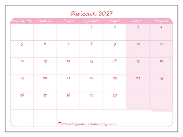 Kalendarz do druku na kwiecień 2027 - Spokojny wygląd