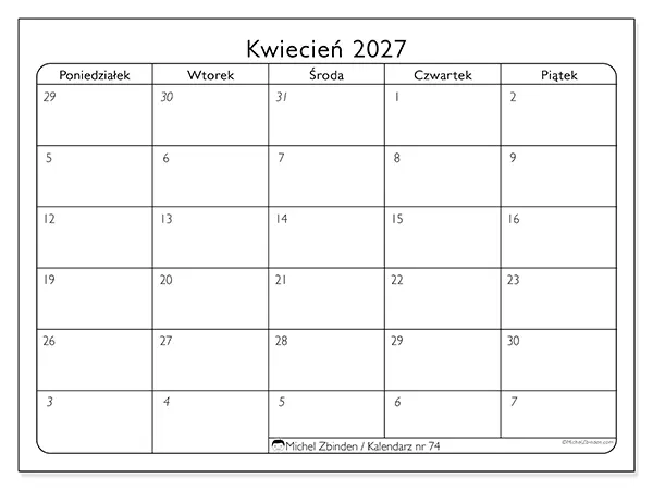 Kalendarz do druku na kwiecień 2027 - Dni robocze