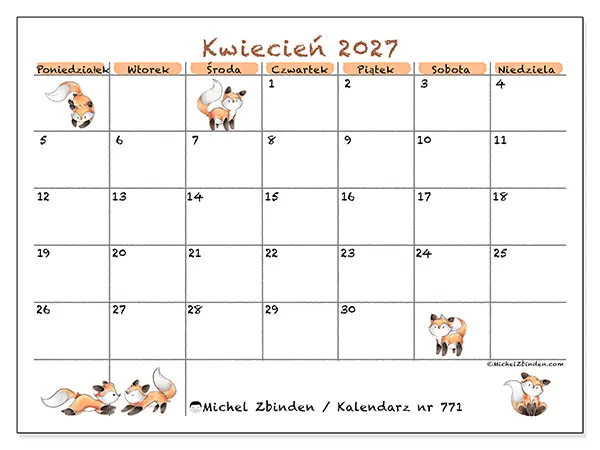 Kalendarz do druku na kwiecień 2027 - Rysunki lisów