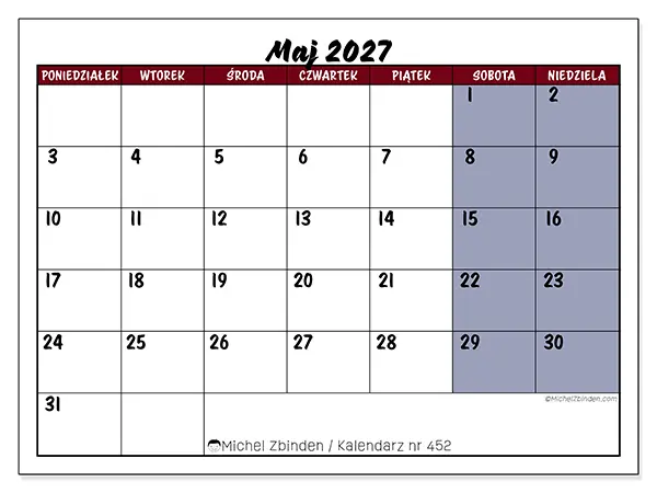 Kalendarz do druku na maj 2027 - Zadania w kolorze