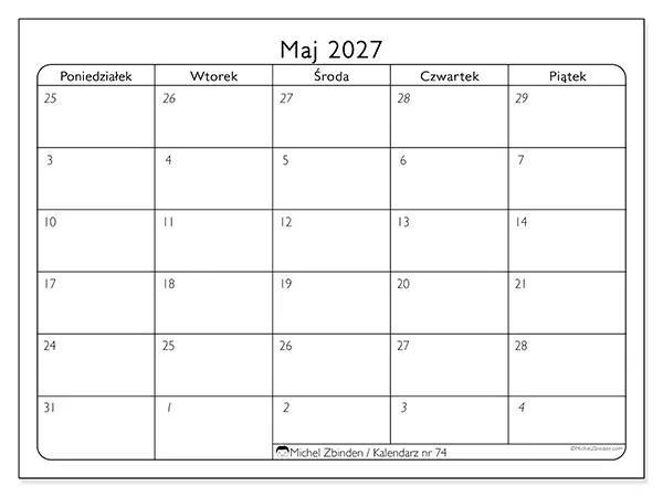 Kalendarz do druku na maj 2027 - Dni robocze