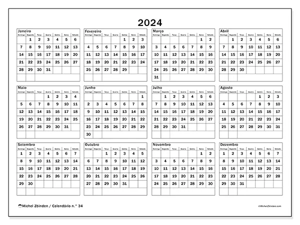 Calendário n.° 34 para 2024, que pode ser impresso gratuitamente. Semana:  De domingo a sábado.