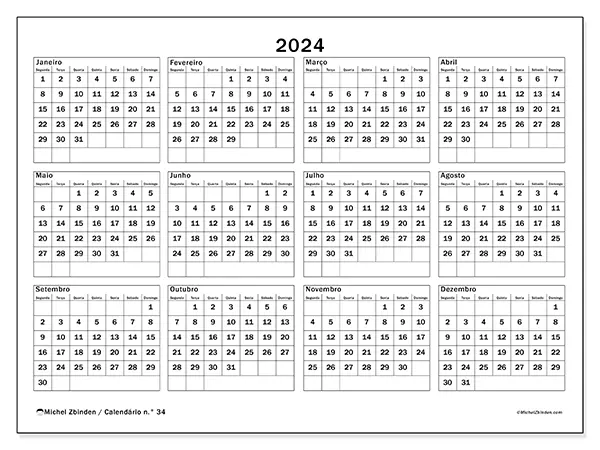 Calendário n.° 34 para 2024, que pode ser impresso gratuitamente. Semana:  Segunda-feira a domingo.