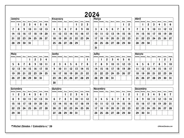 Calendário n.° 39 para 2024, que pode ser impresso gratuitamente. Semana:  De domingo a sábado.