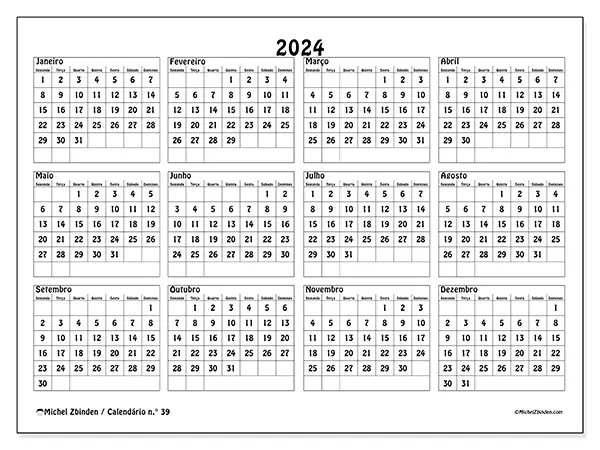 Calendário n.° 39 para 2024, que pode ser impresso gratuitamente. Semana:  Segunda-feira a domingo.