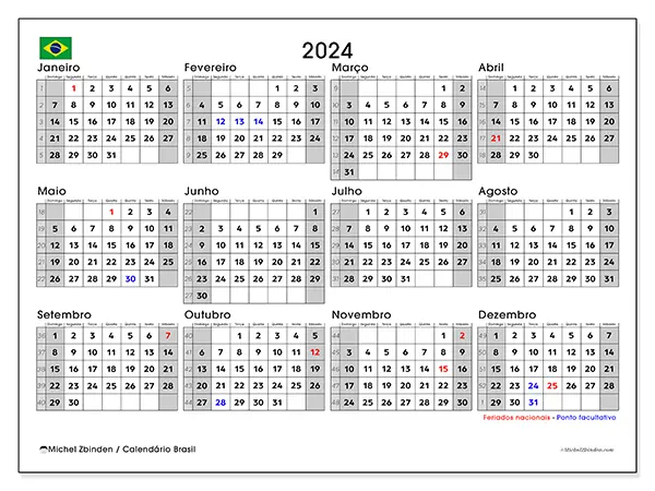 Calendário Brasil para 2024, que pode ser impresso gratuitamente. Semana: De domingo a sábado.