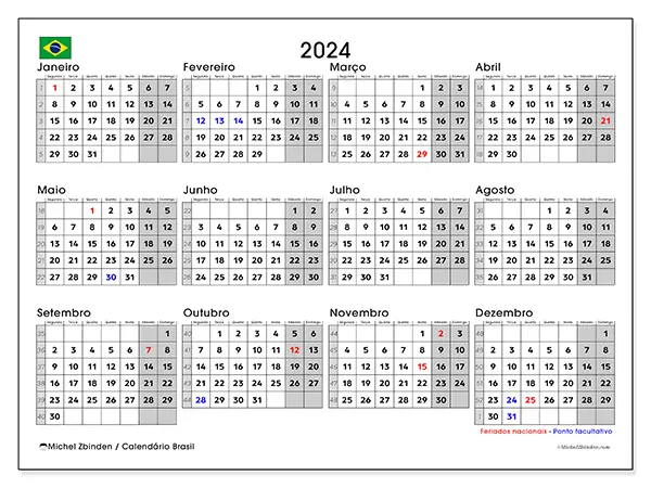Calendário Brasil para 2024, que pode ser impresso gratuitamente. Semana: Segunda-feira a domingo.