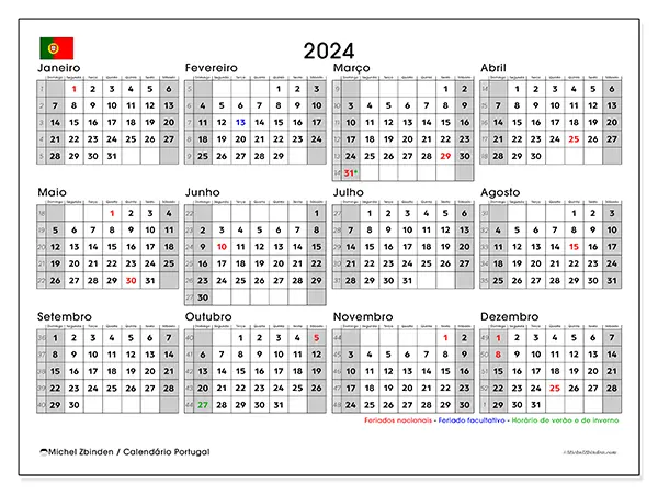Calendário Portugal para 2024, que pode ser impresso gratuitamente. Semana: De domingo a sábado.