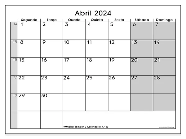 Calendário n.° 43 gratuito para imprimir, abril 2025. Semana:  Segunda-feira a domingo