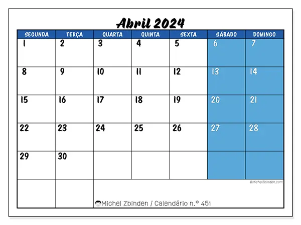 Calendário n.° 451 gratuito para imprimir, abril 2025. Semana:  Segunda-feira a domingo