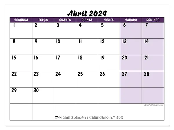 Calendário n.° 453 gratuito para imprimir, abril 2025. Semana:  Segunda-feira a domingo