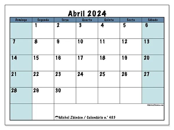 Calendário n.° 483 para abril de 2024, que pode ser impresso gratuitamente. Semana:  De domingo a sábado.
