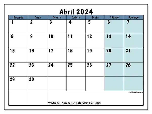 Calendário n.° 483 para abril de 2024, que pode ser impresso gratuitamente. Semana:  Segunda-feira a domingo.