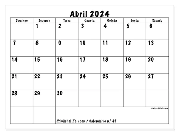 Calendário n.° 48 para abril de 2024, que pode ser impresso gratuitamente. Semana:  De domingo a sábado.