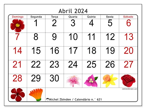 Calendário n.° 621 para abril de 2024, que pode ser impresso gratuitamente. Semana:  De domingo a sábado.