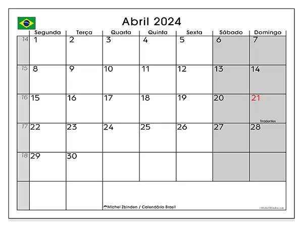 Calendário Brasil gratuito para imprimir, abril 2025. Semana:  Segunda-feira a domingo