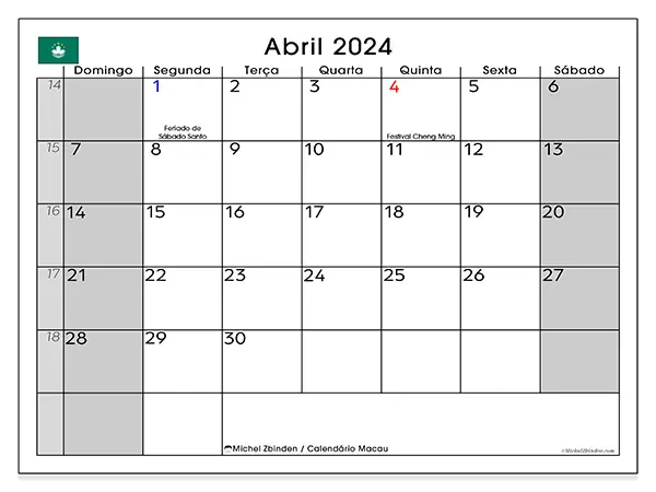 Calendário Macau para abril de 2024, que pode ser impresso gratuitamente. Semana:  De domingo a sábado.
